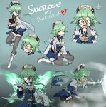  1girl absurdres animal_ears artist_name black_thighhighs blue_skirt blush book cat_ears commentary dress english_commentary english_text fang flying_sweatdrops genshin_impact glasses gloves green_hair hat heart highres long_sleeves looking_at_viewer multicolored_hair open_mouth pandramodo ponytail semi-rimless_eyewear signature skirt sucrose_(genshin_impact) thighhighs vision_(genshin_impact) white_gloves yellow_eyes zettai_ryouiki 