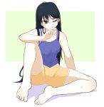  1girl absurdres bare_arms bare_shoulders barefoot black_hair blue_camisole blush brown_shorts camisole closed_mouth fool_iketani full_body green_background green_eyes highres knee_up long_hair one_eye_closed original shadow short_shorts shorts sitting solo two-tone_background very_long_hair white_background 
