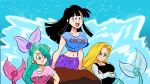  3girls android_18 black_eyes black_hair black_shirt blonde_hair blue_eyes blue_hair blue_shirt boulder breasts bulma chi-chi_(dragon_ball) crop_top dragon_ball fish_tail funsexydb large_breasts long_hair mermaid monster_girl monsterification multiple_girls name_on_shirt ocean open_mouth pink_shirt scales shirt smile tail the_little_mermaid 