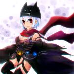  1girl bangs black_cape black_gloves black_headwear black_leotard black_thighhighs blush breasts cape cleavage commentary_request deviruchi_hat elbow_gloves feet_out_of_frame gauntlets gloves guillotine_cross_(ragnarok_online) hair_between_eyes hat leotard looking_at_viewer lug_s medium_breasts official_alternate_costume open_mouth ragnarok_online red_eyes red_scarf scarf short_hair smile solo thighhighs waist_cape white_hair 