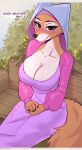 absurd_res anthro beauty_mark big_breasts blush breasts canid canine cleavage clothed clothing dialogue disney dress eyelashes female fluffy fluffy_tail fox fully_clothed fur headdress hi_res looking_at_viewer maid_marian mammal orange_body orange_fur outside question robin_hood_(disney) sitting smile solo sukiskuki tail white_body white_fur 