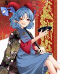  1girl alternate_hair_color bangs blue_hair blue_shirt blue_skirt checkered_coat commentary_request cup earrings feet_out_of_frame floral_print grin happi highres holding hoop_earrings horizontal_pupils horns japanese_clothes jewelry looking_at_viewer oil-paper_umbrella oni_tama pointy_ears print_coat red_eyes red_horns red_sleeves red_umbrella sakazuki sharp_teeth sheep_horns shirt short_hair skirt smile solo teeth touhou toutetsu_yuuma umbrella unmoving_pattern 