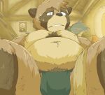  2023 anthro asian_clothing belly brown_body brown_fur bulge canid canine clothing detailed_background east_asian_clothing fundoshi fur green_clothing green_fundoshi green_underwear hi_res inside japanese_clothing kemono kumaojisan male mammal moobs overweight overweight_male raccoon_dog solo tanuki underwear 
