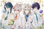  0jae 4boys ahoge albedo_(genshin_impact) antenna_hair artist_name bangs bishounen blonde_hair blue_eyes chinese_commentary closed_mouth commentary commission crossed_bangs facial_mark flower forehead_mark formal genshin_impact green_hair hair_between_eyes holding holding_flower jewelry kaedehara_kazuha long_sleeves looking_at_viewer male_focus multicolored_hair multiple_boys necktie purple_eyes purple_hair reaching_towards_viewer red_eyes red_hair scaramouche_(genshin_impact) simple_background smile streaked_hair white_hair xiao_(genshin_impact) yellow_eyes 