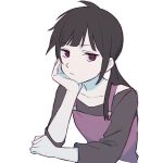  1girl apron asahina_hiyori b_(bgoldmole) bangs black_shirt blunt_bangs bored casual clenched_hand closed_mouth collarbone commentary_request cropped_torso hand_on_own_cheek hand_on_own_face kagerou_project looking_to_the_side pale_skin partial_commentary ponytail purple_apron purple_eyes shirt simple_background sleeves_past_elbows solo t-shirt upper_body 