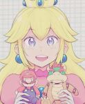  1girl blonde_hair blue_eyes blush bowser character_doll crown doll dress earrings gloves happy highres holding holding_doll jewelry long_hair looking_at_viewer mario mario_(series) pink_dress princess_peach simple_background smile solo teeth user_iww7307 