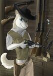  alaskan_malamute anthro blue_eyes canid canine canis clothed clothing domestic_dog female gun handgun hat headgear headwear hi_res holding_object holding_weapon husky lever_action loading_gun looking_at_viewer mammal nordic_sled_dog ranged_weapon revolver rifle shotgun smile smiling_at_viewer solo spitz weapon wolfyalex96 