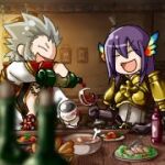  1boy 1girl :d alcohol armor blue_wings bone boobplate bottle bread cape chibi closed_eyes coat commentary_request cross cup drinking_glass food gauntlets gradient gradient_wings grey_hair grin head_wings high_priest_(ragnarok_online) indoors long_hair long_sleeves lord_knight_(ragnarok_online) love_morocc lowres meat multicolored_wings open_mouth orange_wings pauldrons plate pouring purple_hair ragnarok_online red_cape red_coat second-party_source short_hair shoulder_armor smile soup spiked_hair table two-tone_coat upper_body white_coat wine wine_bottle wine_glass wings wooden_table 
