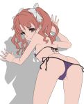  1girl ass bikini bow breasts brown_eyes brown_hair butt_crack closed_mouth crotch fujikawa_daichi hair_bow looking_at_viewer looking_back purple_bikini shadow shirai_kuroko side-tie_bikini_bottom simple_background sketch small_breasts solo swimsuit toaru_kagaku_no_railgun toaru_majutsu_no_index twintails white_background 