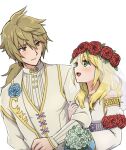  1boy 1girl :d alice_(rune_factory) apo_518 blonde_hair blue_flower blue_rose bouquet bridal_veil closed_mouth dress flower green_eyes green_flower green_hair green_rose groom hand_on_another&#039;s_arm head_wreath highres jewelry leaf long_hair multicolored_hair multiple_necklaces necklace orange_eyes orange_hair ponytail red_flower red_rose reinhard_(rune_factory) rose rune_factory rune_factory_5 see-through simple_background smile two-tone_hair veil wedding_dress white_background white_dress 