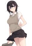  1girl :t absurdres black_hair black_skirt blue_eyes brown_vest collared_shirt highres looking_at_viewer miniskirt original pleated_skirt pout rucchiifu shirt short_sleeves simple_background skirt solo standing vest white_background white_shirt wind wind_lift wing_collar 