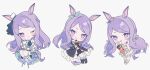  1girl :o :t animal_ears bad_id bad_twitter_id black_coat black_skirt blue_socks blush_stickers braid chibi closed_mouth coat ear_bow food food_on_face hat highres holding horse_ears horse_tail ice_cream_cone looking_at_viewer mejiro_mcqueen_(umamusume) mini_hat mini_top_hat miniskirt navel one_eye_closed open_clothes open_coat pastry pleated_skirt purple_hair satsuki_(miicat) simple_background skirt smile socks tail top_hat umamusume white_background 