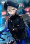  1boy :/ bangs black_coat black_headwear blue_hair blue_pantyhose blunt_bangs blurry blurry_background buttons captain_nemo_(fate) coat commentary cowboy_shot dutch_angle epaulettes fate/grand_order fate_(series) glasses gold_trim gradient_hair hat_feather high_collar highres holding holding_megaphone holding_own_arm light_brown_hair liorac long_hair long_sleeves looking_at_viewer low_twintails megaphone military military_uniform multicolored_hair nemo_(fate) pantyhose sleeves_past_wrists solo symbol-only_commentary turban twintails uniform very_long_hair 