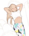  1girl absurdres bad_id bad_twitter_id blonde_hair blush closed_mouth clothes_lift facing_viewer highres long_hair looking_at_viewer luimiart lying midriff navel on_back on_bench original pants pov_legs shirt_lift short_sleeves smile solo_focus very_long_hair 