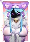  1girl absurdres animal_costume animal_ears aojiao_bingmo_tu bangs bell breasts cats_vs_dogs_kindred dog_costume facial_mark fake_animal_ears fur_collar green_hair heart highres kindred_(league_of_legends) lamb_(league_of_legends) large_breasts league_of_legends multicolored_background neck_bell pink_eyes shiny_clothes shiny_hair smile solo swept_bangs upper_body whisker_markings 
