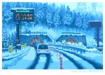  artist_name car dated day ground_vehicle motor_vehicle original outdoors pixel_art power_lines road road_sign sign snow toyoi_yuuta translation_request tree truck tunnel 