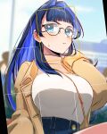  1girl absurdres between_breasts black-framed_eyewear blue_eyes blue_hair blue_pants breasts brown_coat cellphone coat colored_inner_hair denim english_commentary glasses high-waist_pants highres holding holding_phone hololive hololive_english iris_(tb33064667) jeans large_breasts long_hair looking_at_viewer multicolored_hair ouro_kronii pants phone smartphone strap_between_breasts taking_picture two-tone_hair virtual_youtuber 