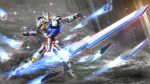  bit_(gundam) commentary exhaust flying funnels_(gundam) green_eyes gundam gundam_aerial gundam_suisei_no_majo highres light_particles mecha mobile_suit no_humans robot science_fiction solo standing v-fin weapon yoshinobuta 