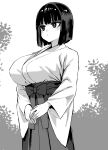  1girl asanagi black_hair breasts commentary_request hakama hakama_skirt highres japanese_clothes kimono large_breasts miko monochrome original short_hair skirt solo 