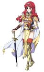  1girl agahari armor breastplate cape celica_(fire_emblem) fire_emblem fire_emblem_gaiden greaves holding holding_sword holding_weapon long_hair pauldrons red_eyes red_hair shoulder_armor simple_background solo sword tiara weapon white_background 