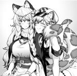  2girls :3 animal_ears arknights armband blush braid breasts cabbie_hats cape chest_belt circlet cleavage cliffheart_(arknights) closed_eyes closed_mouth gradient gradient_background hat head_on_another&#039;s_shoulder hiroya_juuren intertwined_tails jewelry large_breasts long_hair making-of_available multiple_girls necklace pramanix_(arknights) seiza side_braids sitting smile tail very_long_hair white_background 