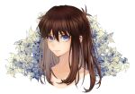  1girl ayan_ip bangs blue_eyes brown_hair closed_mouth collarbone commentary_request flower hair_between_eyes highres leaf_(pokemon) long_hair looking_at_viewer pokemon pokemon_(game) pokemon_frlg portrait sidelocks solo white_background 