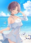  1girl :d ahoge asakura_toru bangs bare_shoulders beach black_choker blue_eyes breasts brown_hair choker cleavage clothes_lift cloud collarbone day dress dress_lift earrings from_side hand_up hatsu_(first_snow) highres idolmaster idolmaster_shiny_colors jewelry lifted_by_self looking_at_viewer looking_to_the_side medium_breasts open_mouth outdoors short_hair smile solo standing water white_dress 