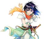  1girl agahari armor black_hair blue_eyes breastplate character_request fingerless_gloves fire_emblem fire_emblem:_thracia_776 gloves holding holding_sword holding_weapon jewelry mareeta_(fire_emblem) necklace pauldrons scarf shoulder_armor simple_background solo sword weapon white_background 