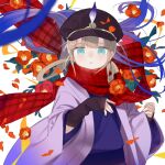  1boy \||/ arm_warmers artist_name bangs blue_eyes blue_hair blue_kimono blunt_bangs blush cabbie_hat captain_nemo_(fate) fate/grand_order fate_(series) floating_hair flower gradient_hair hands_up haori hat hat_feather japanese_clothes kimono leaf light_blush light_brown_hair liorac long_hair looking_at_viewer low_twintails multicolored_hair nemo_(fate) nose_blush petals plaid plaid_scarf poppy_(flower) red_flower red_scarf scarf solo twintails upper_body very_long_hair white_background wide_sleeves wind wind_lift yukata 