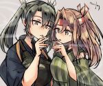  2girls brown_eyes camouflage cigarette commentary_request dark_green_hair green_kimono grey_background grey_hair hachimaki headband highres japanese_clothes kantai_collection kimono lighting_cigarette long_hair matsunaga_(haku) multiple_girls muneate simple_background smoke smoking twintails upper_body wide_sleeves zuihou_(kancolle) zuihou_kai_ni_(kancolle) zuikaku_(kancolle) zuikaku_kai_ni_(kancolle) 