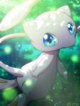  blue_eyes blurry commentary_request day flying from_side highres looking_at_viewer mew monaka_(hc_pkmn) no_humans outdoors pokemon pokemon_(creature) solo watermark 