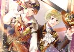  1623 2boys blonde_hair dankira!!! facing_viewer gears goggles goggles_on_head green_eyes green_hair hat hat_tip long_sleeves male_focus miki_nozomu mole mole_under_eye multiple_boys open_mouth purple_eyes shido_akira short_hair steampunk top_hat 