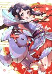  1girl absurdres armpits bangs black_hair blush commentary_request dawn_(new_year&#039;s_2023)_(pokemon) dawn_(pokemon) detached_sleeves eyelashes flower grey_eyes highres japanese_clothes kimono looking_at_viewer new_year official_alternate_costume oricorio oricorio_(sensu) pleated_skirt pokemon pokemon_(creature) pokemon_(game) pokemon_masters_ex pon_yui purple_kimono purple_sash red_flower red_skirt sash skirt socks white_socks 