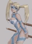 1girl absurdres ass bangs blonde_hair blue_eyes blue_leotard breasts cleavage clothing_cutout hair_pulled_back highres holding holding_rope leaning_forward leotard long_hair looking_at_viewer mask medium_breasts mixed-language_commentary rainbow_mika rope shoulder_cutout smile solo street_fighter street_fighter_zero_(series) swept_bangs thighs twintails tyanoki wrestling_outfit 