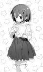  1girl atage blush bow c: closed_mouth clothing_cutout greyscale hair_bow long_sleeves looking_at_viewer medium_hair monochrome original shoulder_cutout skirt smile solo standing thighhighs 