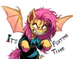  bat_pony clothing equid fangs fanzeem flutterbat_(mlp) fluttershy_(mlp) friendship_is_magic hair hasbro hooves mammal membrane_(anatomy) membranous_wings meme morbius my_little_pony pink_hair red_eyes sharp_teeth simple_background smile teeth white_background wings 