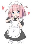  1girl alternate_costume apron bangs black_dress blue_eyes blush_stickers bocchi_the_rock! closed_mouth collared_dress commentary_request dress enmaided feet_out_of_frame frilled_apron frills gotou_futari heart heart_hands highres kapuru_0410 maid maid_apron maid_headdress pantyhose pink_hair puffy_short_sleeves puffy_sleeves short_sleeves simple_background smile solo two_side_up white_apron white_background white_pantyhose 