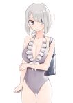  1girl absurdres bag bare_shoulders bob_cut breasts cleavage cowboy_shot fingernails flying_sweatdrops grey_hair grey_nails hair_over_one_eye highres large_breasts looking_at_viewer medium_hair mole mole_on_thigh nail_polish one-piece_swimsuit original parted_lips rucchiifu shoulder_bag simple_background solo standing swimsuit v-neck white_background 
