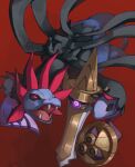 aegislash commentary_request fangs highres hydreigon mazel no_humans open_mouth pokemon pokemon_(creature) purple_eyes red_background red_eyes shield sword tongue weapon 