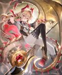  1girl axe bangs battle_axe bodysuit breasts brown_eyes brown_hair dragon_girl dragon_horns dragon_tail dragon_wings highres horns kouyafu long_hair looking_at_viewer official_art open_mouth scales shadowverse short_sleeves small_breasts solo tail thighhighs weapon wings 