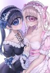  2girls :q absurdres armband azen_(mntimcczgrtn) belt black_dress black_hair blonde_hair blue_eyes bow breasts chest_belt choker cleavage collarbone_piercing corset cyclops dress ear_piercing earrings gothic_lolita hair_bow hairband heart heart_in_eye highres jewelry large_breasts lolita_fashion long_sleeves looking_at_viewer multiple_girls one-eyed original parted_lips piercing pink_choker pink_dress puffy_short_sleeves puffy_sleeves short_sleeves smile spike_piercing symbol_in_eye tongue tongue_out twintails wrist_cutting 
