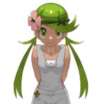 1girl arms_behind_back bangs closed_mouth commentary_request dark-skinned_female dark_skin flower green_eyes green_hair green_headband grey_overalls headband long_hair looking_at_viewer mallow_(pokemon) overalls pink_flower pink_shirt pokemon pokemon_(game) pokemon_sm shirt simple_background smile solo swept_bangs twintails white_background yachi_(fujiyasu0616) 