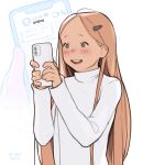  1girl :d absurdres bad_id bad_twitter_id blonde_hair blue_eyes blush cellphone hair_ornament hairclip highres holding holding_phone long_hair long_sleeves looking_at_phone luimiart open_mouth original phone projected_inset smartphone smile sweater very_long_hair white_sweater 