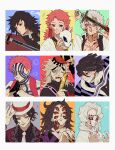  6+boys akaza_(kimetsu_no_yaiba) bandages black_eyes black_hair blood blood_from_mouth blood_on_face blue_eyes closed_mouth colored_sclera demon douma_(kimetsu_no_yaiba) extra_eyes facial_mark haori hat highres holding holding_mask holding_sword holding_weapon iguro_obanai japanese_clothes kaburamaru katana kibutsuji_muzan kimetsu_no_yaiba kokushibou long_hair long_sleeves looking_at_viewer mask mask_removed medium_hair multiple_boys nosebleed open_clothes open_mouth qin_(7833198) red_hair red_sclera rui_(kimetsu_no_yaiba) sabito_(kimetsu) scar scar_on_chest scar_on_face shinazugawa_sanemi short_hair smile sword teeth tomioka_giyuu veins weapon 