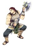  1boy agahari armor axe battle_axe breastplate dorcas_(fire_emblem) fire_emblem fire_emblem:_the_blazing_blade holding holding_axe holding_weapon muscular muscular_male red_hair sandals short_hair simple_background solo weapon white_background 