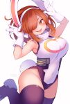  1girl animal_ears arms_up bangs boku_no_hero_academia breasts brown_eyes brown_hair chikuwa_savy cosplay covered_navel fake_animal_ears fake_tail foot_up fur_collar gloves groin hair_over_one_eye highres komori_kinoko large_breasts leotard medium_hair mirko mirko_(cosplay) rabbit_ears rabbit_tail simple_background smile tail thighhighs tongue tongue_out white_background white_gloves 