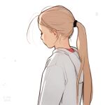 1girl absurdres blonde_hair dated facing_away highres hood hood_down hoodie long_hair luimiart messy_hair nape original ponytail red_shirt shirt signature simple_background solo white_background white_hoodie 