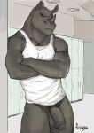  2018 anthro arm_tattoo balls biceps big_penis bottomless clothed clothing crossed_arms deltoids exposed flaccid fonyaa foreskin frown genitals horn inside locker locker_room looking_at_viewer male mammal manly muscular pecs penis pubes rhinoceros ryan_carthage scowl shirt solo standing tank_top tank_top_only tattoo topwear triceps white_clothing white_shirt white_tank_top white_topwear 