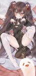  1girl bangs black_dress black_nails blush brown_hair closed_mouth dress genshin_impact hair_between_eyes hu_tao_(genshin_impact) long_hair looking_at_viewer lying no_shoes on_back smile soles solo symbol-shaped_pupils thighhighs tongue tongue_out twintails white_thighhighs yaomiaomiao 