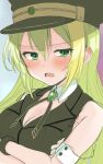  1girl alina_gray black_headwear black_vest blonde_hair blush breasts cleavage collar crossed_arms detached_collar green_eyes green_hair hair_between_eyes hat kanechitomoyo large_breasts long_hair magia_record:_mahou_shoujo_madoka_magica_gaiden magical_girl mahou_shoujo_madoka_magica multicolored_hair open_mouth peaked_cap puffy_short_sleeves puffy_sleeves short_sleeves sidelocks solo streaked_hair upper_body vest white_collar white_sleeves 